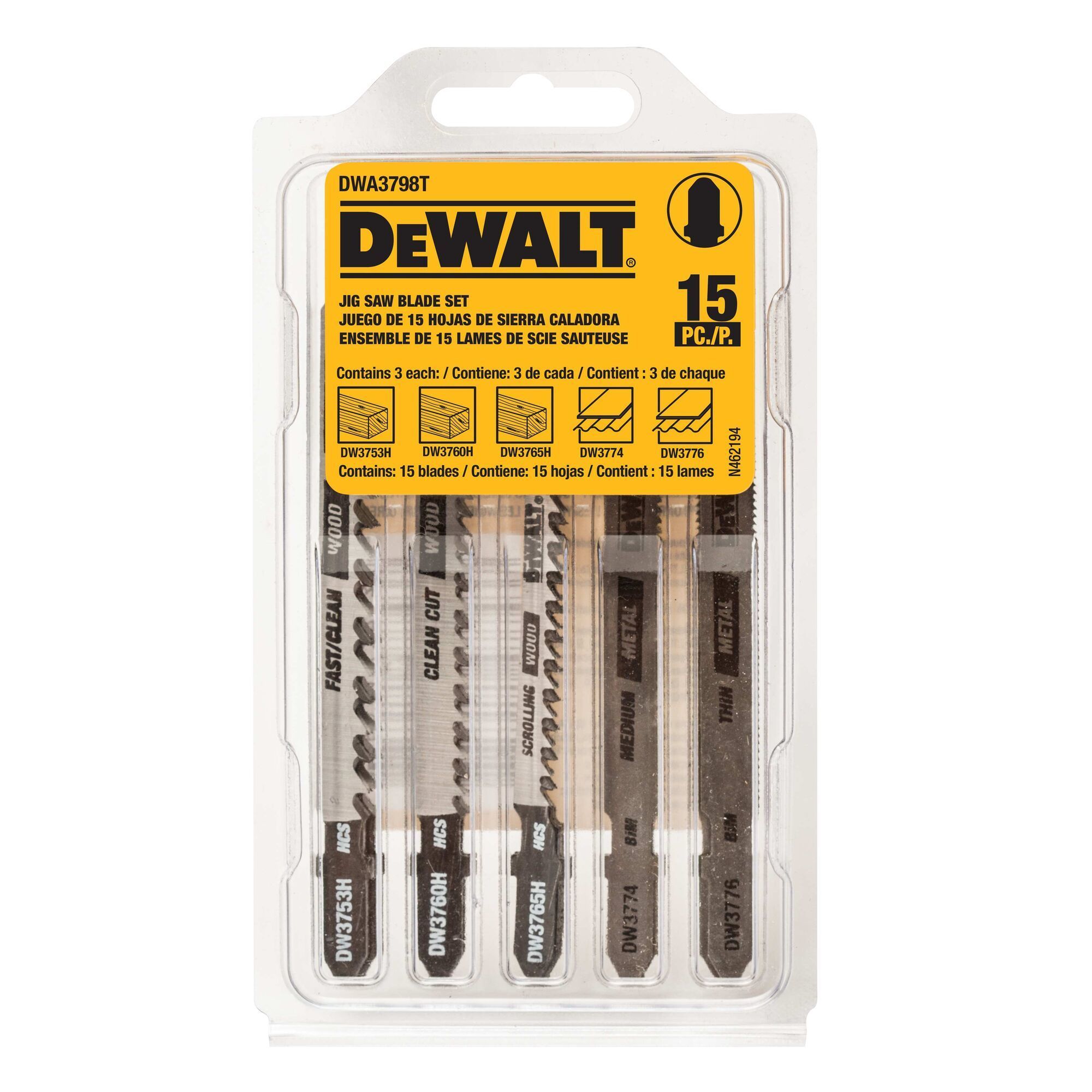 DEWALT, 15 Piece T-Shank Jig Saw Blade Set, Blade Length 4 in, Blade Application Wood/Metal, Blade Material Bi-Metal, Model# DWA3798T